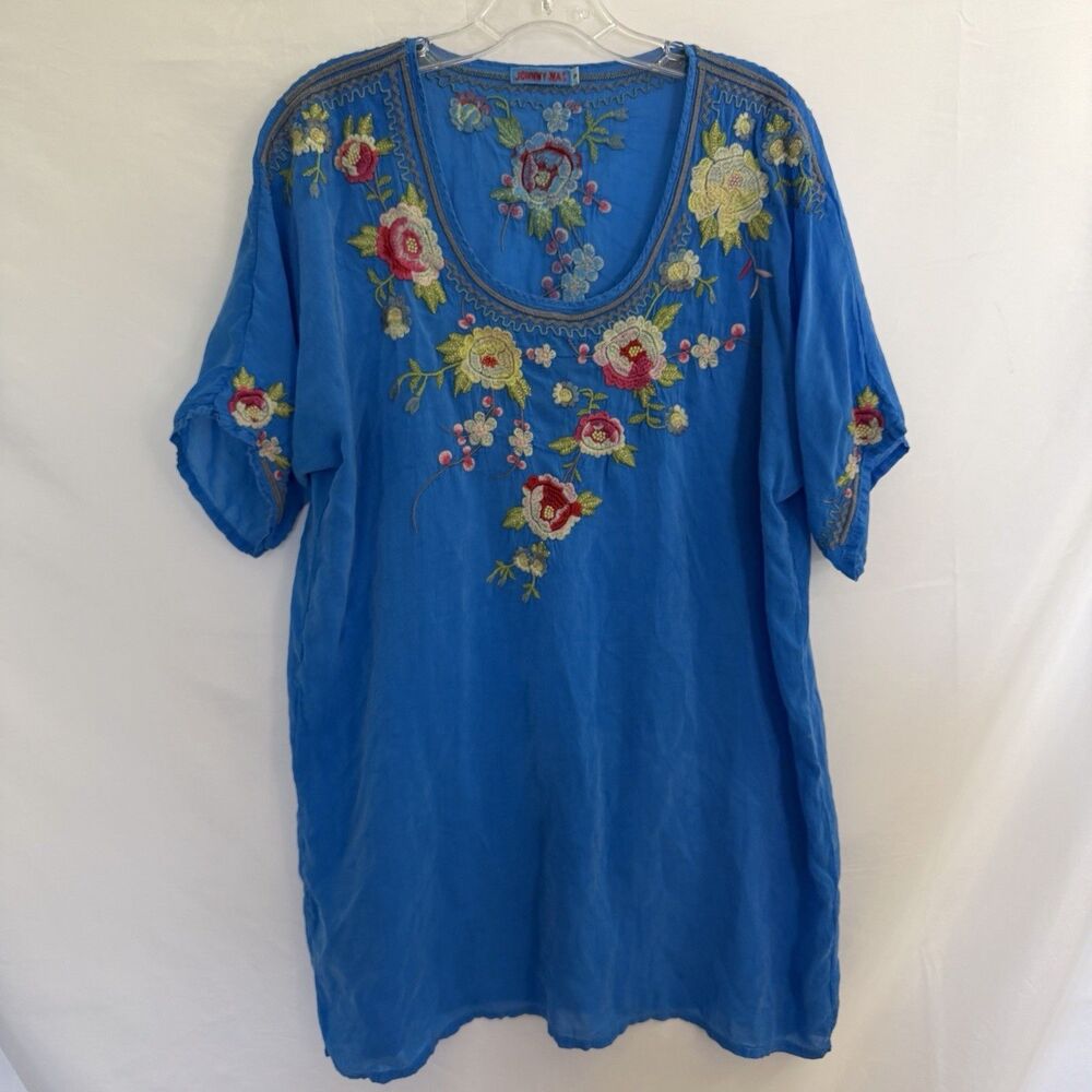 🌺Beautiful Johnny Was S Blue Embroidered Cupra Rayon Tunic Top